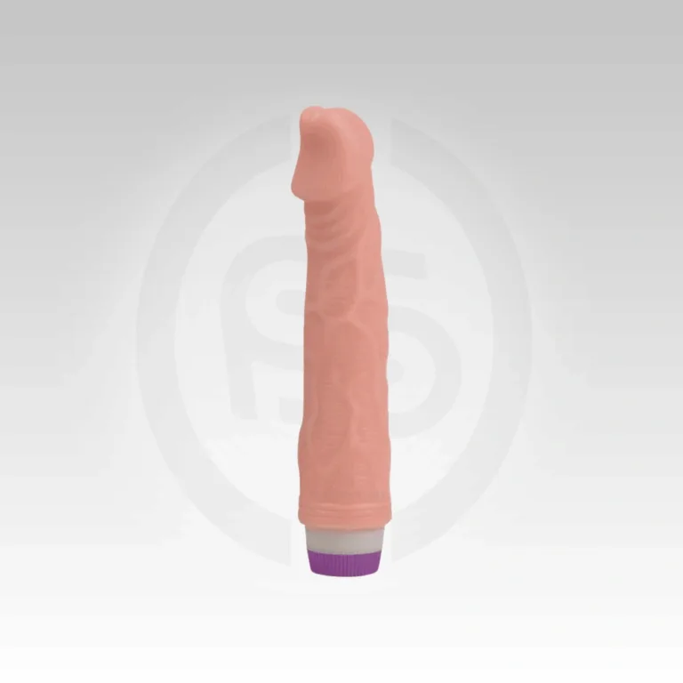 Realistic 8 Inch TPE Vibrating Dildo full product view with textured TPE design and purple control base, buy in Jaipur, India