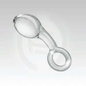 Devi Clear Glass Anal Plug with Easy-Grip Ring shown in full view, featuring a clear polished glass design, available in Chennai, India