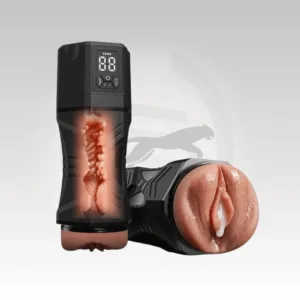 PantherDrive Suction Vibe Real Feel Masturbator in black with realistic internal texture, suction function, vibration modes, and digital control display.