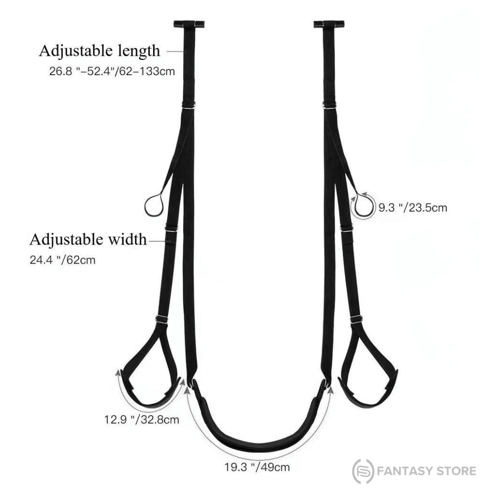 Premium BDSM Door Sex Swing with adjustable straps, padded seat, foot supports, and detailed size dimensions.