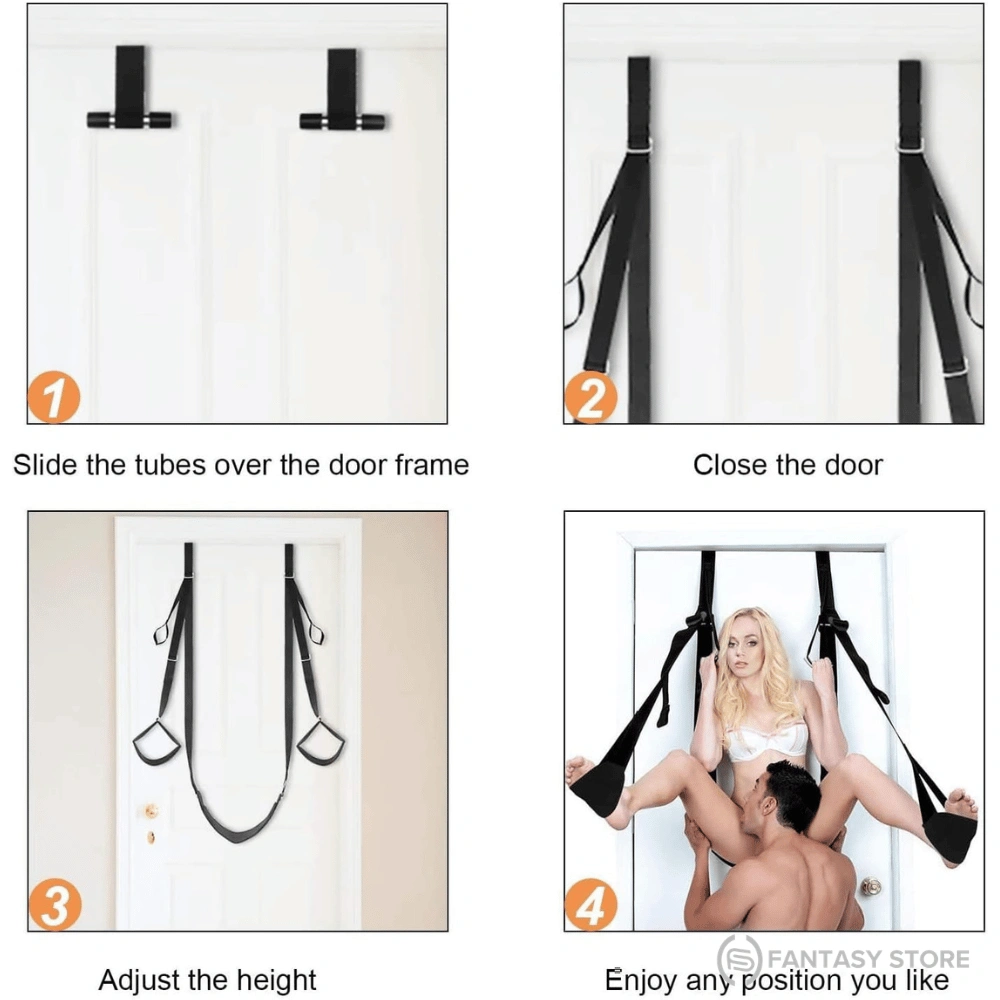 Step-by-step installation guide for the Premium BDSM Door Sex Swing showing door mounting, setup, height adjustment, and use.