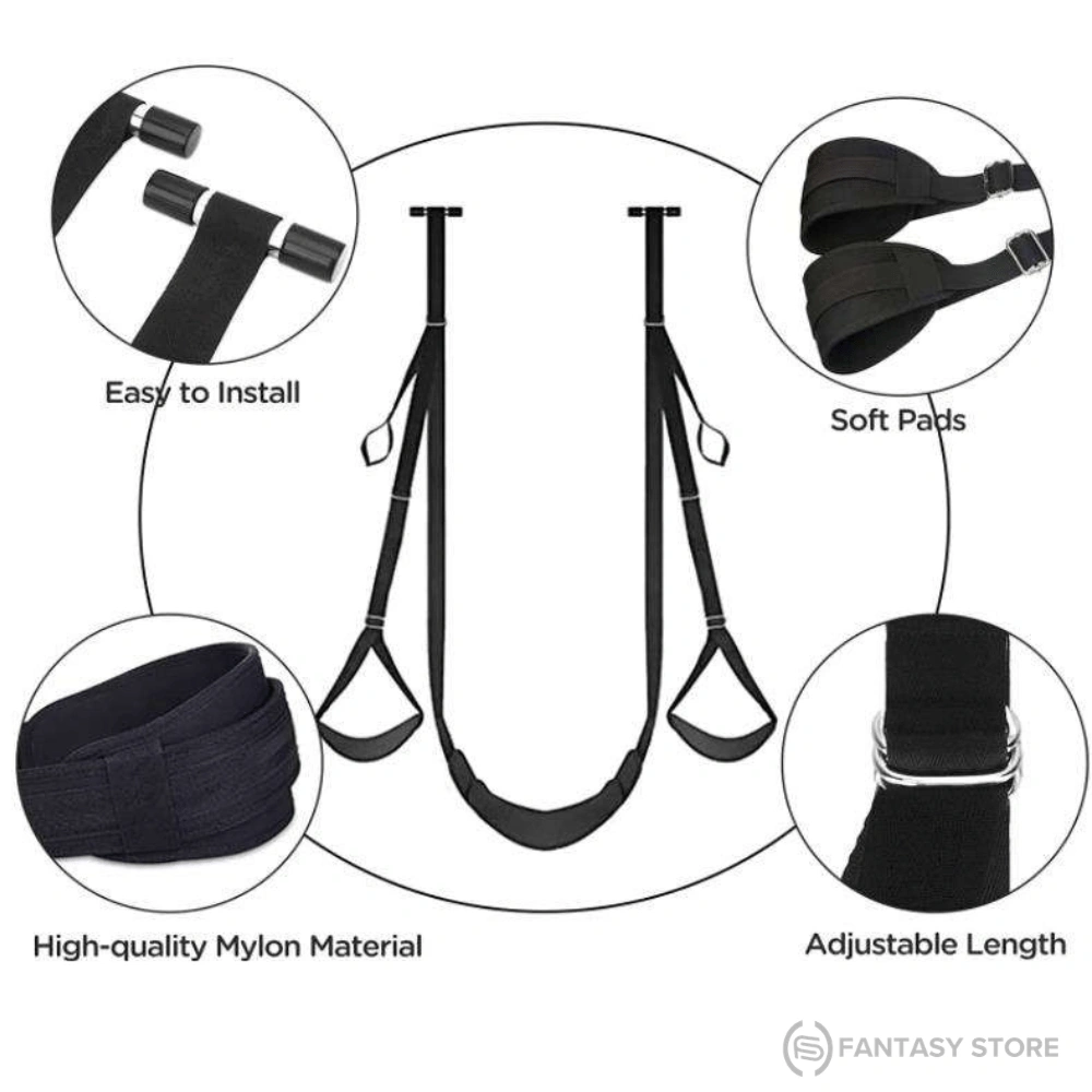 Premium BDSM Door Sex Swing highlighting easy installation, adjustable straps, soft padded supports, and durable nylon material.