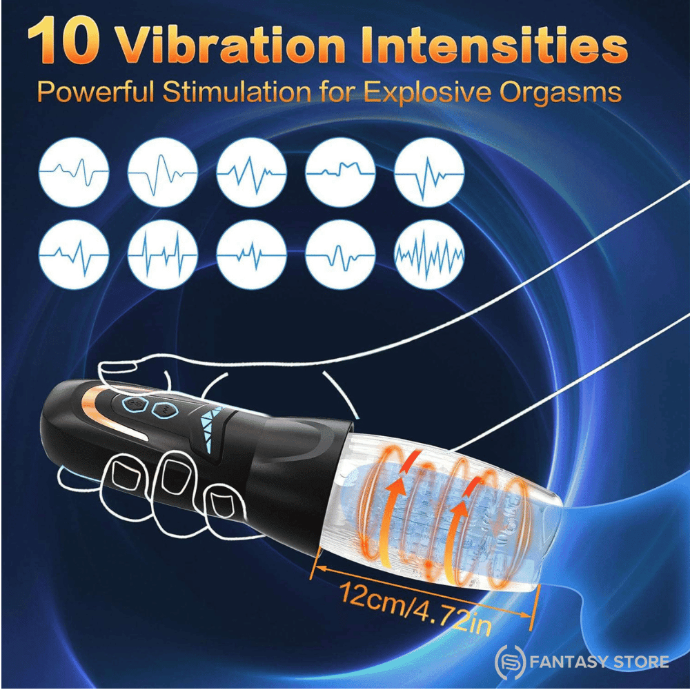 Automatic rotating and thrusting masturbator with 10 vibration intensities for realistic stimulation. Premium male masturbator to buy online in India.
