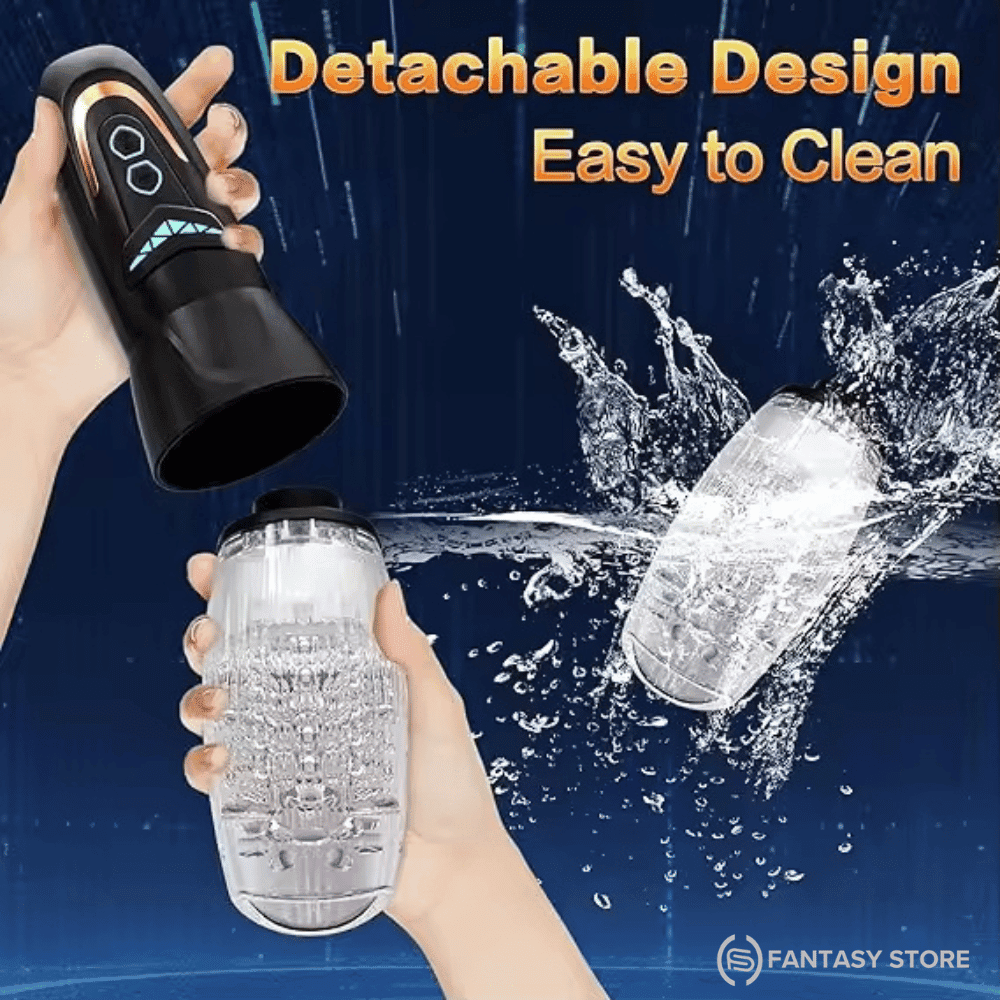 Detachable automatic masturbator with removable textured sleeve for easy cleaning. Premium male masturbator and adult toy available online in India.