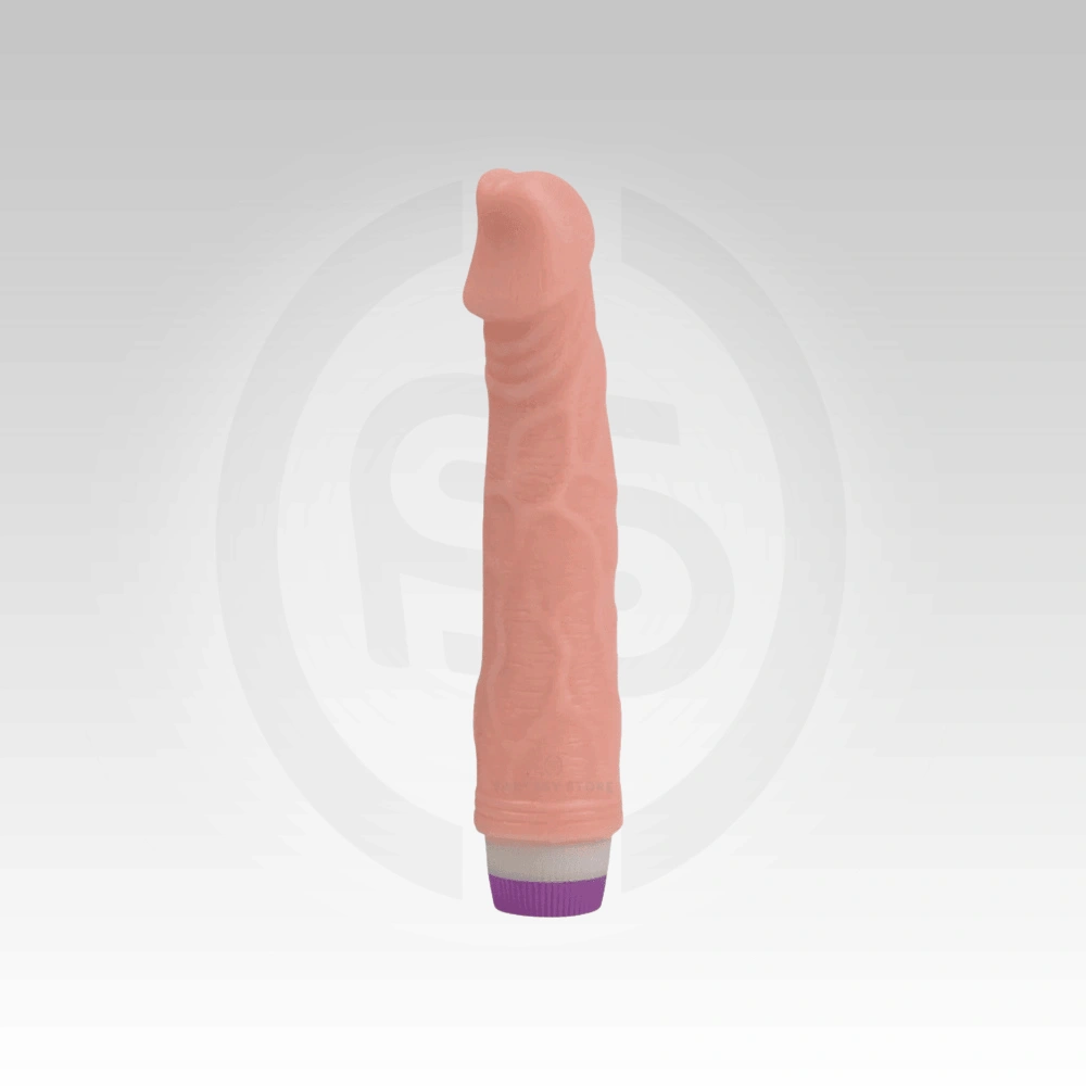 Realistic 8 Inch TPE Vibrating Dildo full product view with textured TPE design and purple control base, buy in Jaipur, India