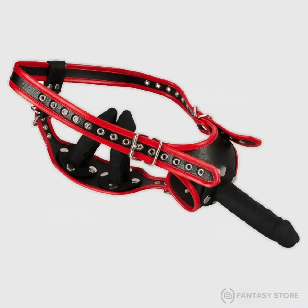 QueenX Triple Attachment Harness Kit with adjustable red and black straps for versatile adult use.