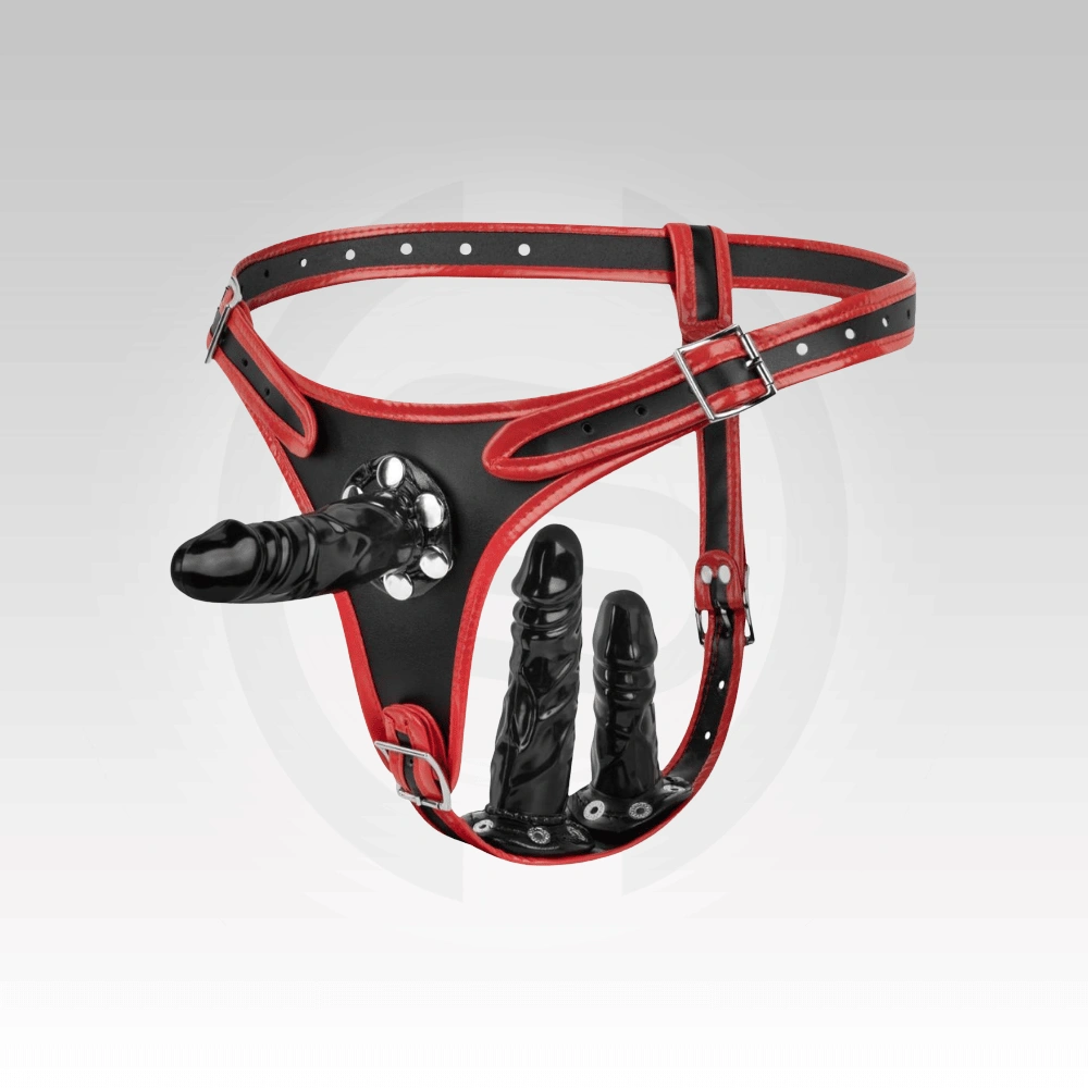 QueenX Triple Attachment Harness Kit complete set featuring adjustable straps and three black attachments.