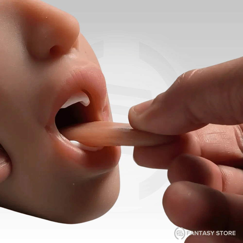 Close-up of TriSense Real Feel Triple Texture Masturbator showing realistic oral cavity and soft tongue texture for lifelike stimulation in India.