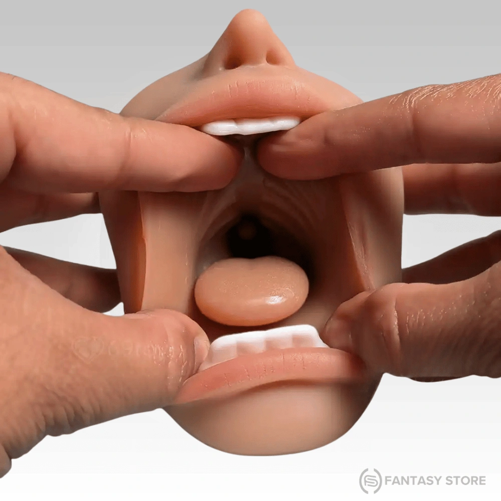 Wide-open oral channel of TriSense Triple Texture Masturbator featuring deep realistic mouth cavity and tongue detail for men.