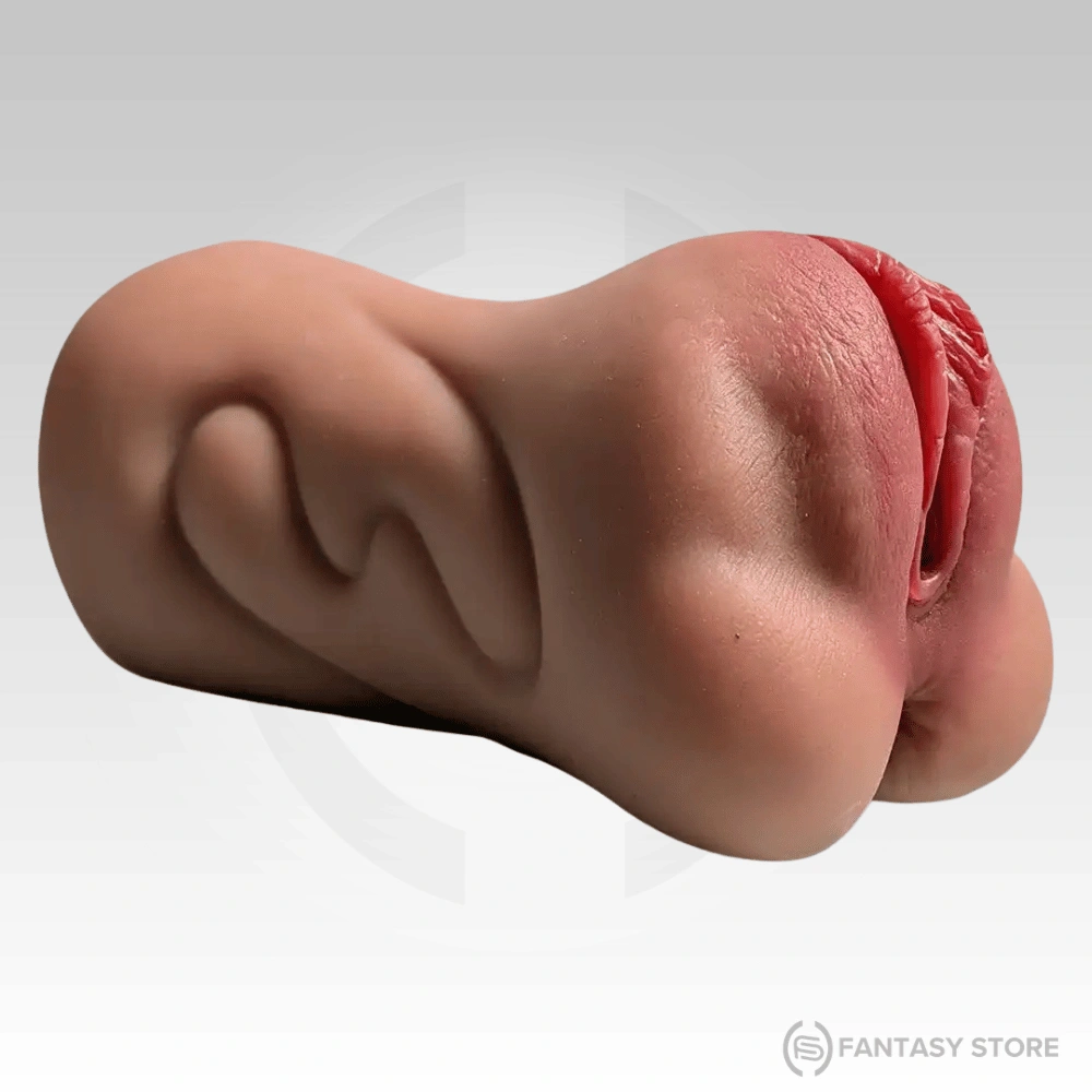 Side profile of TriSense Real Feel Triple Texture Masturbator featuring realistic female face and dual-entry pocket pussy design.
