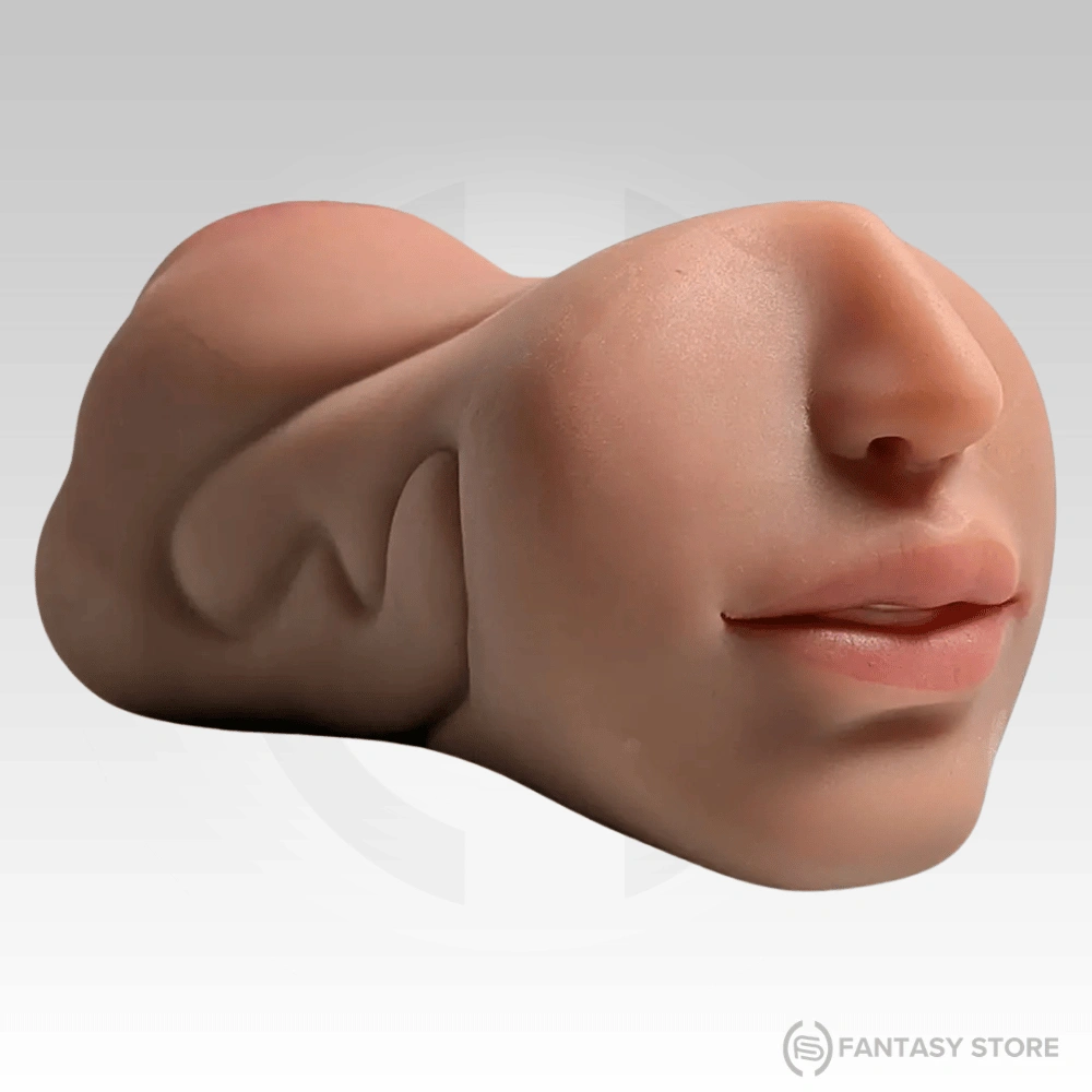 Front view of TriSense Real Feel Triple Texture Masturbator with lifelike lips and premium realistic facial details for men.