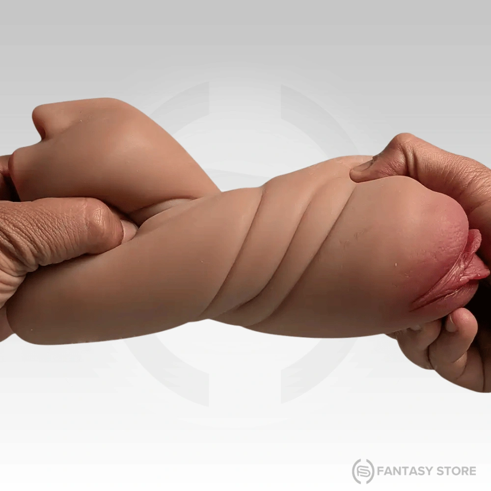 Buy Online TriSense Real Feel Triple Texture Masturbator in India -9 Flexible TriSense Real Feel Masturbator showing elastic body-safe silicone sleeve with realistic dual-entry design for maximum comfort.