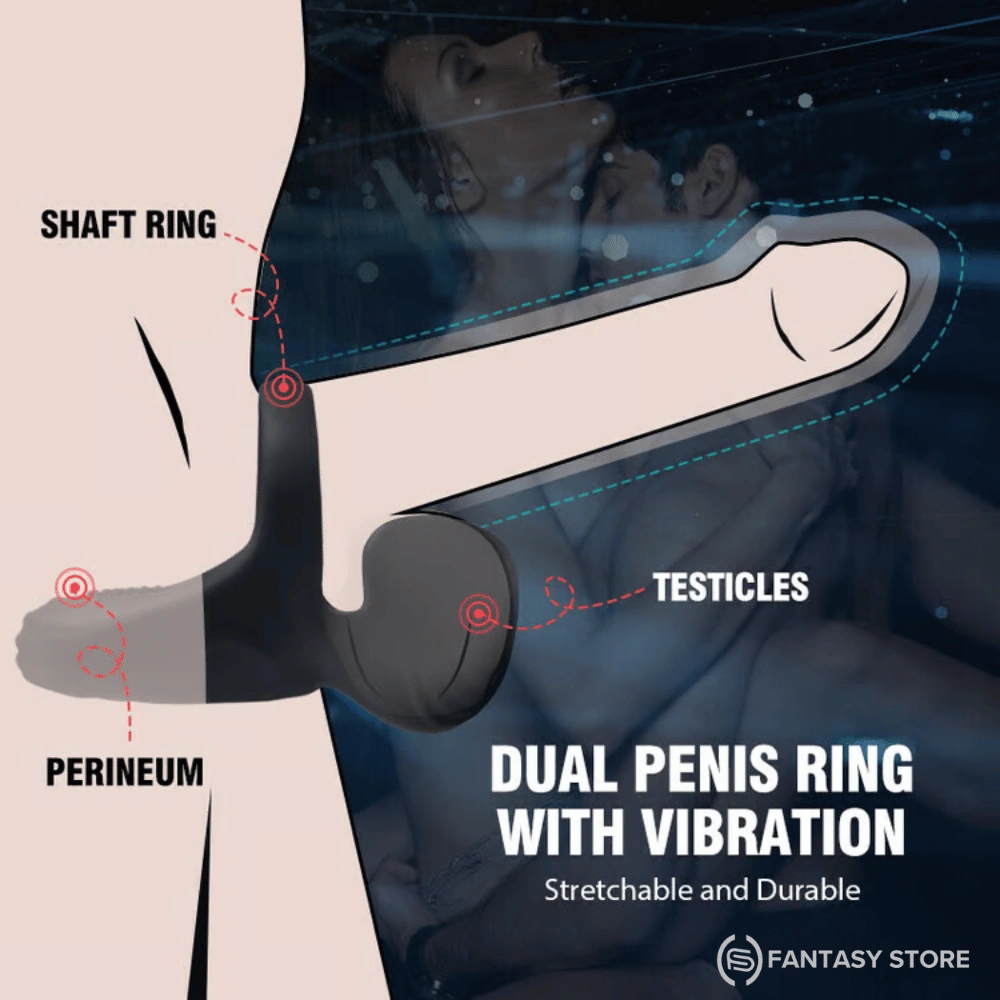 OrbitTouch Double Stimulation Vibrating Cock Ring showing dual stimulation for the shaft, testicles and perineum with a soft stretchable silicone ring.