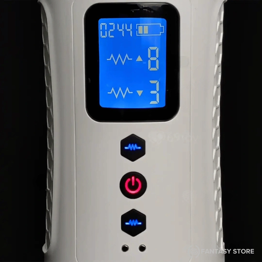 LED display on TwinDrive Dual Motion Automatic Masturbator showing adjustable speed and vibration modes. Premium male sex toy available online in India.