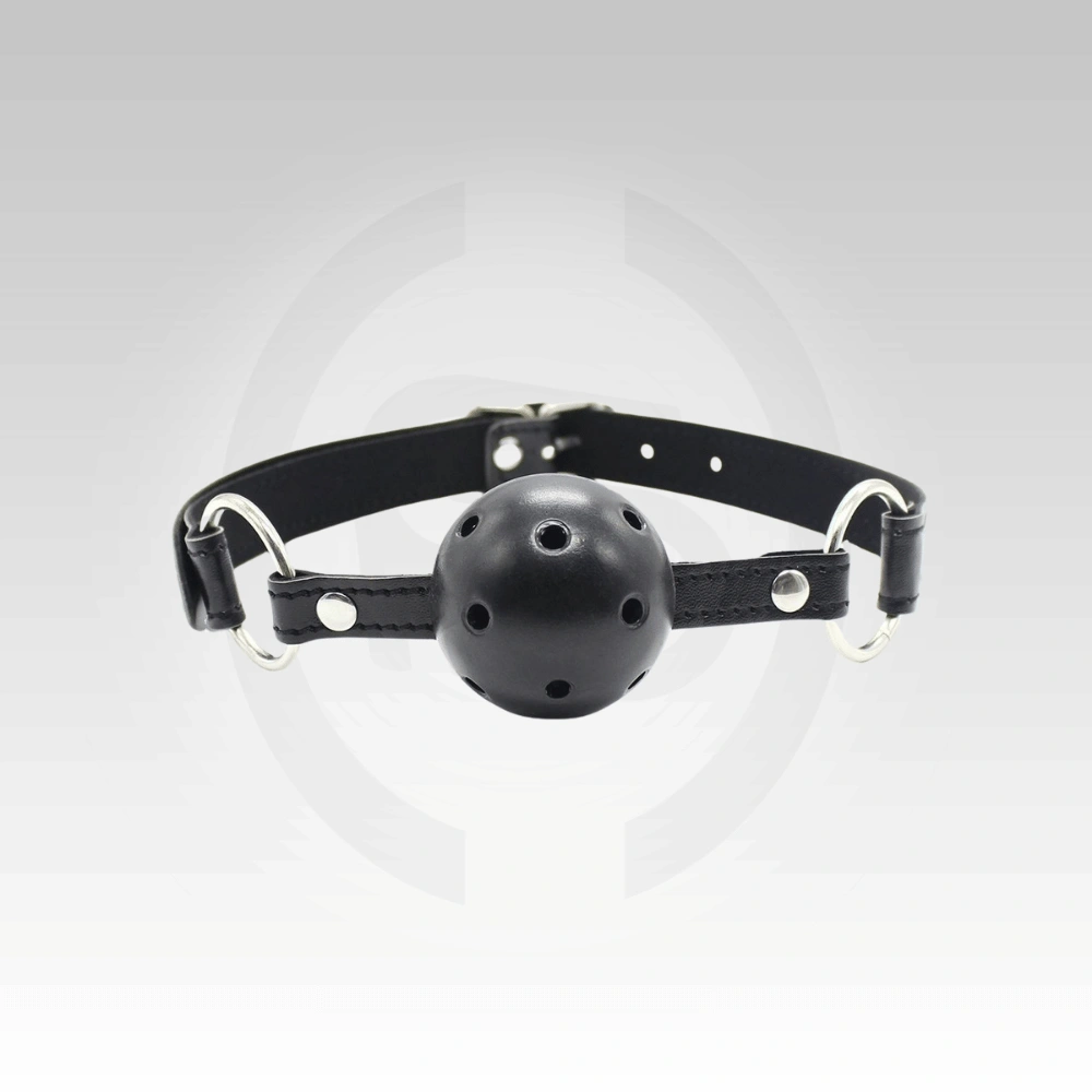 The AirFlow Breathable Mouth Gag Ball features multiple ventilation holes, an adjustable strap, and secure buckle fastening for comfortable BDSM roleplay across India.
