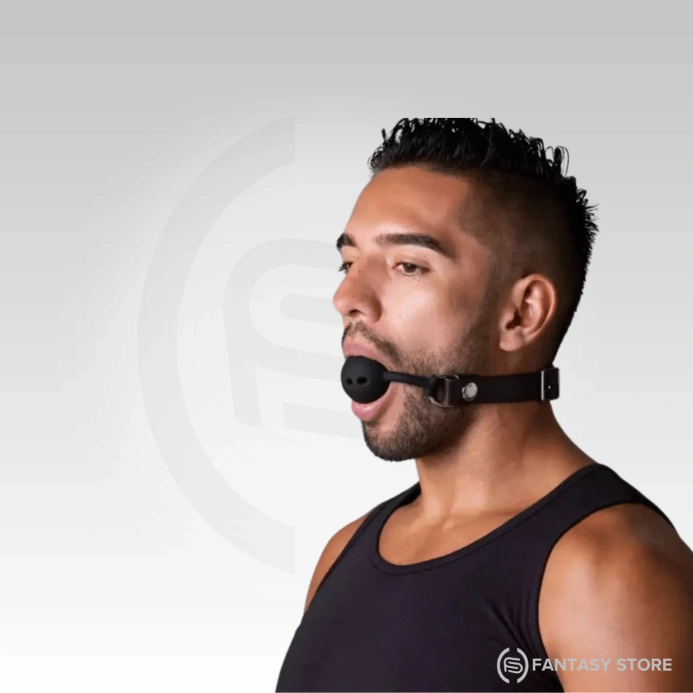 A side profile demonstrates how the AirFlow Breathable Mouth Gag Ball sits comfortably with its adjustable buckle and airflow design for BDSM accessories buyers in Jaipur.