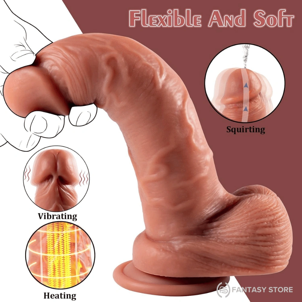 Flexible heating squirting dildo made from body-safe silicone with realistic texture and suction cup base.