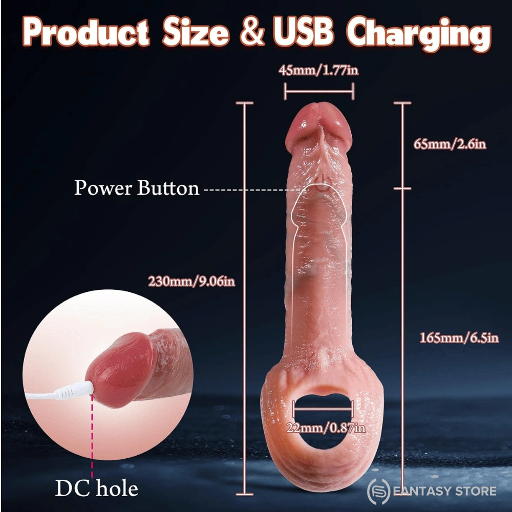 FusionFit vibrating penis extension sleeve size guide with USB rechargeable feature and ergonomic dimensions.
