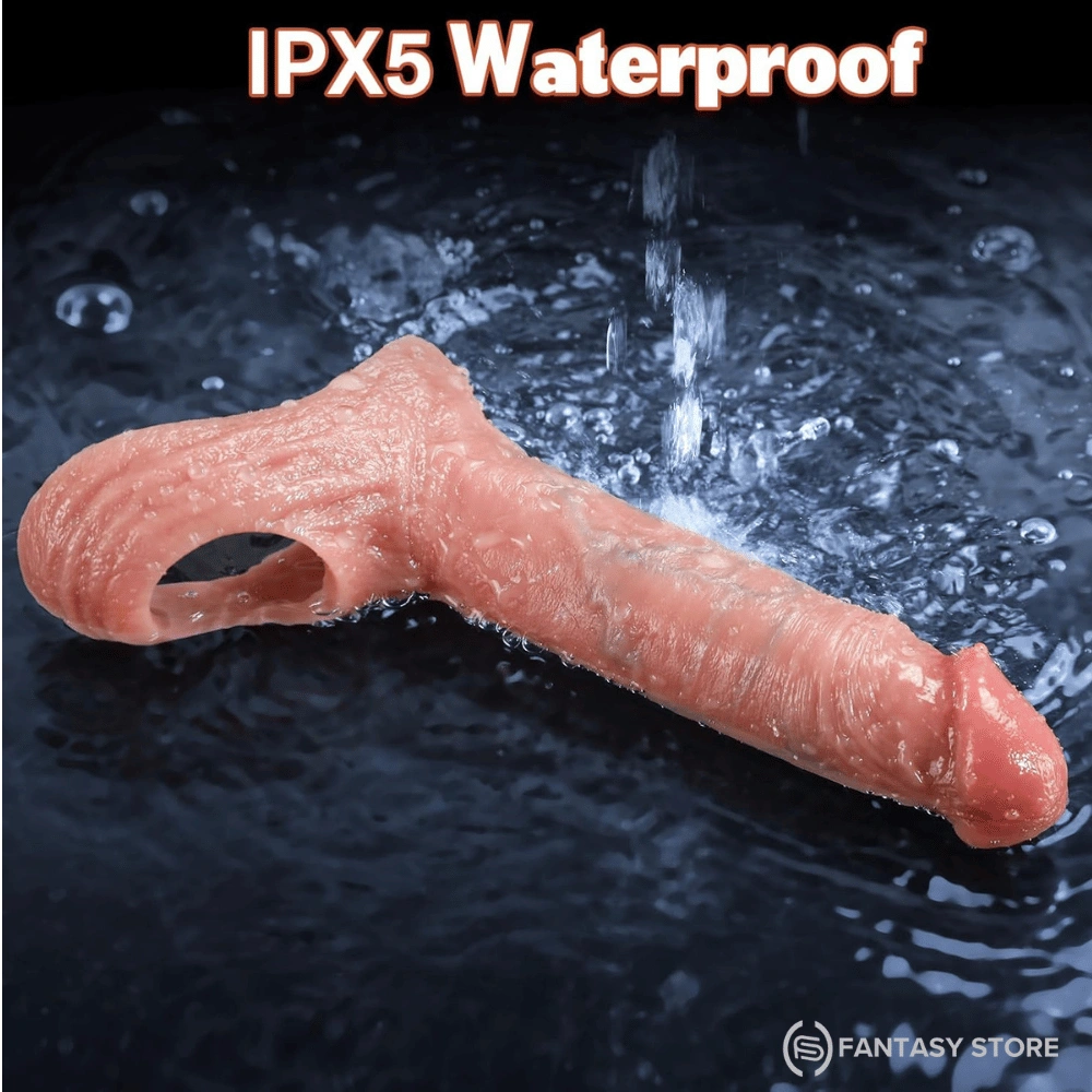 FusionFit IPX5 waterproof vibrating remote control penis sleeve with easy-to-clean rechargeable design.