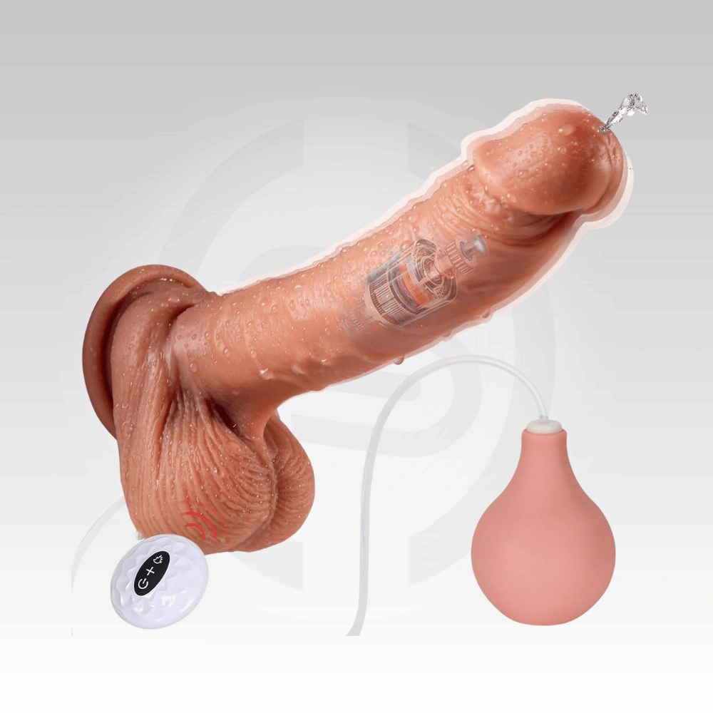 Heating vibrating squirting dildo with 180ml water pump, realistic body-safe silicone, suction cup and USB rechargeable remote for intense pleasure.