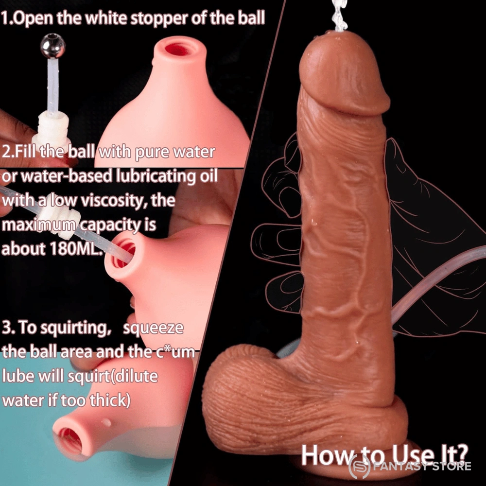 Step-by-step guide showing how to fill and use a realistic squirting dildo with water pump.