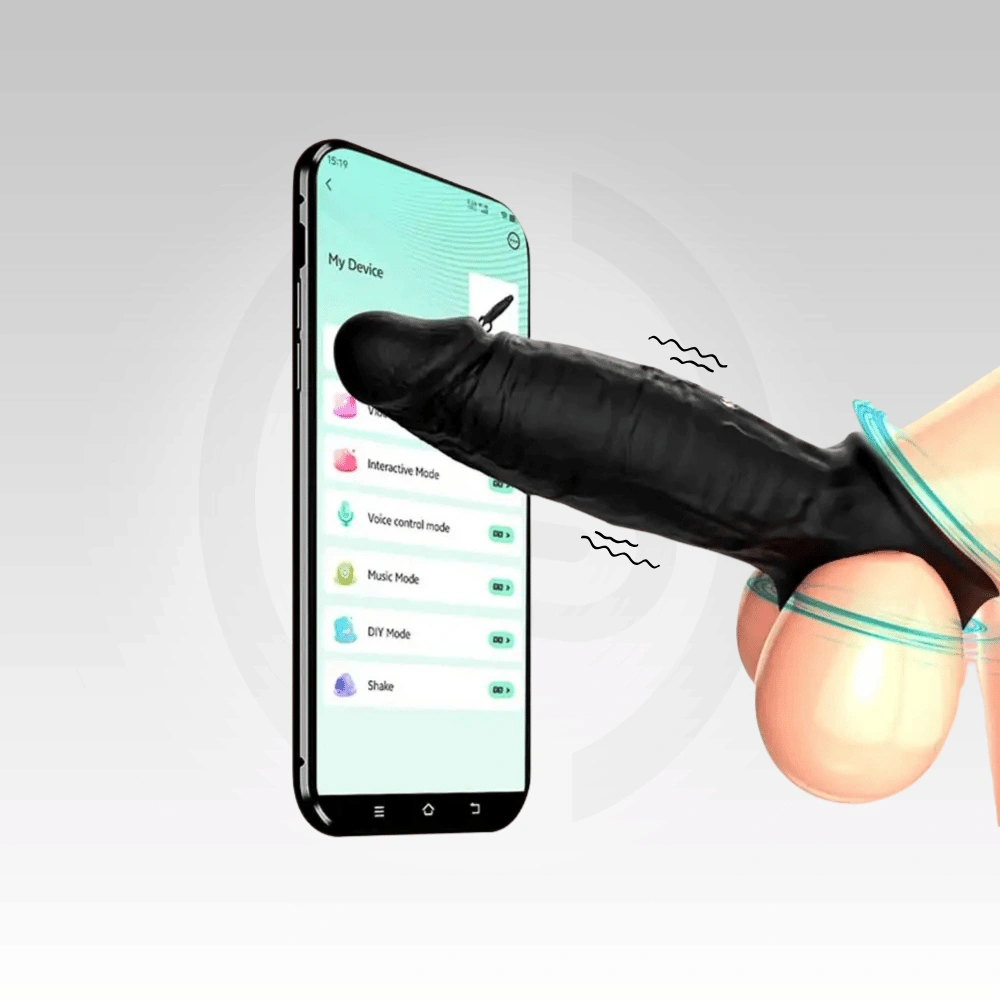 NeoFlex app-controlled vibrating penis extension sleeve connected to a smartphone app for wireless vibration control and remote operation.