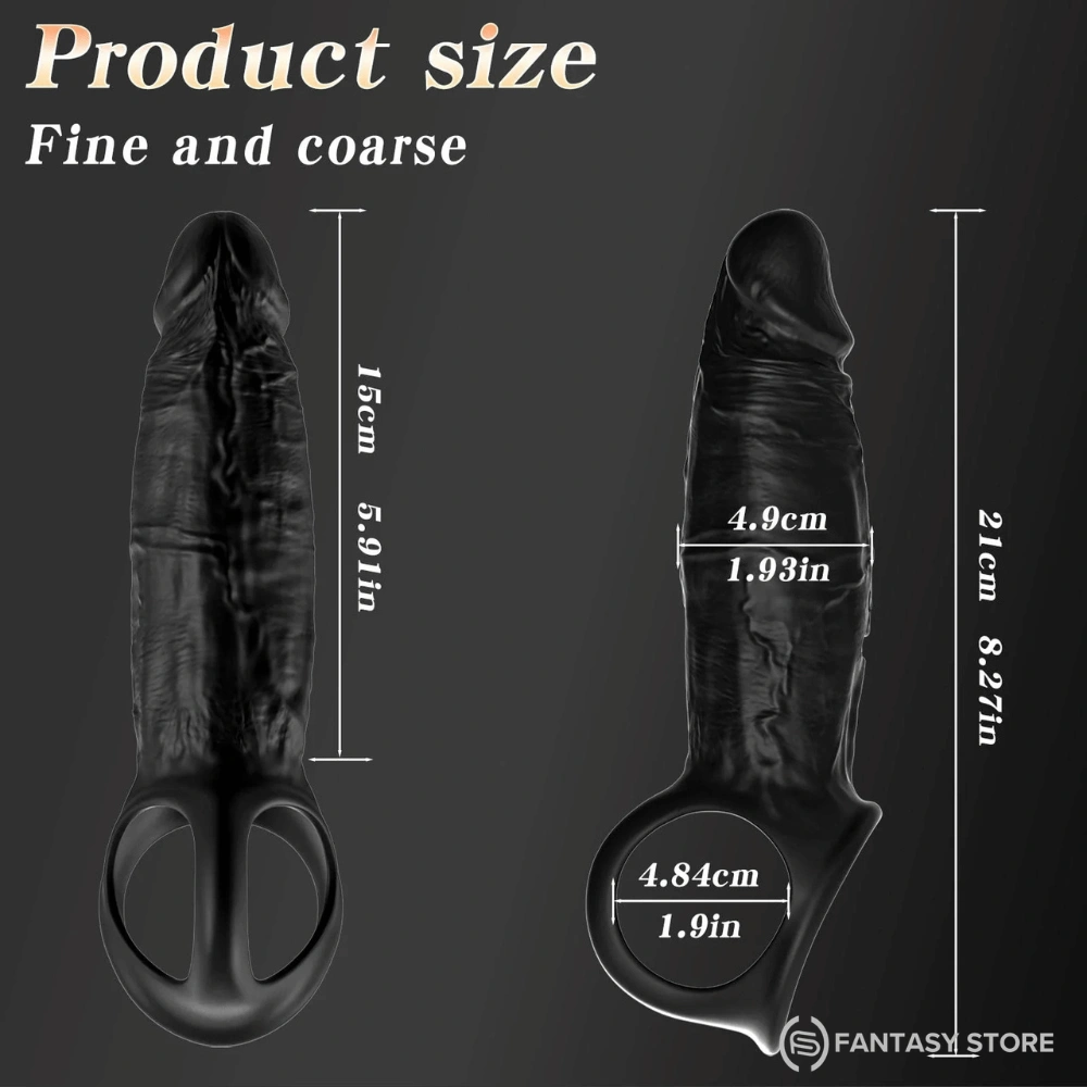 NeoFlex app-controlled penis sleeve showing overall dimensions, insertable length, and diameter measurements.