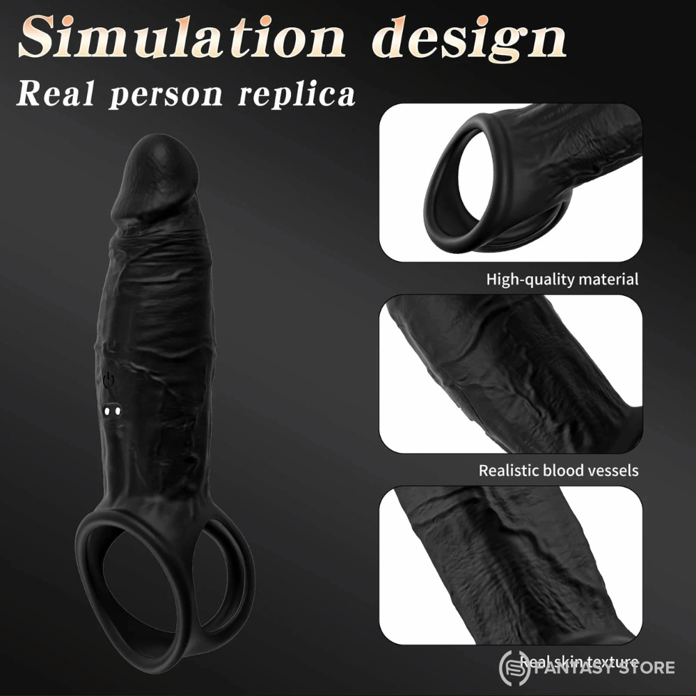 Realistic textured penis extension sleeve with lifelike details and comfortable dual-ring support.