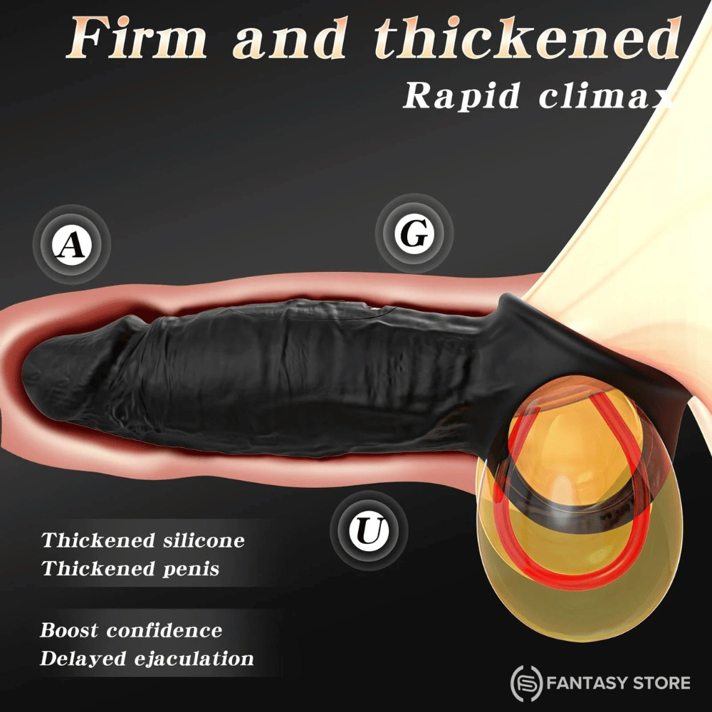 Thickened silicone penis extension sleeve designed to provide a fuller feel and secure support.