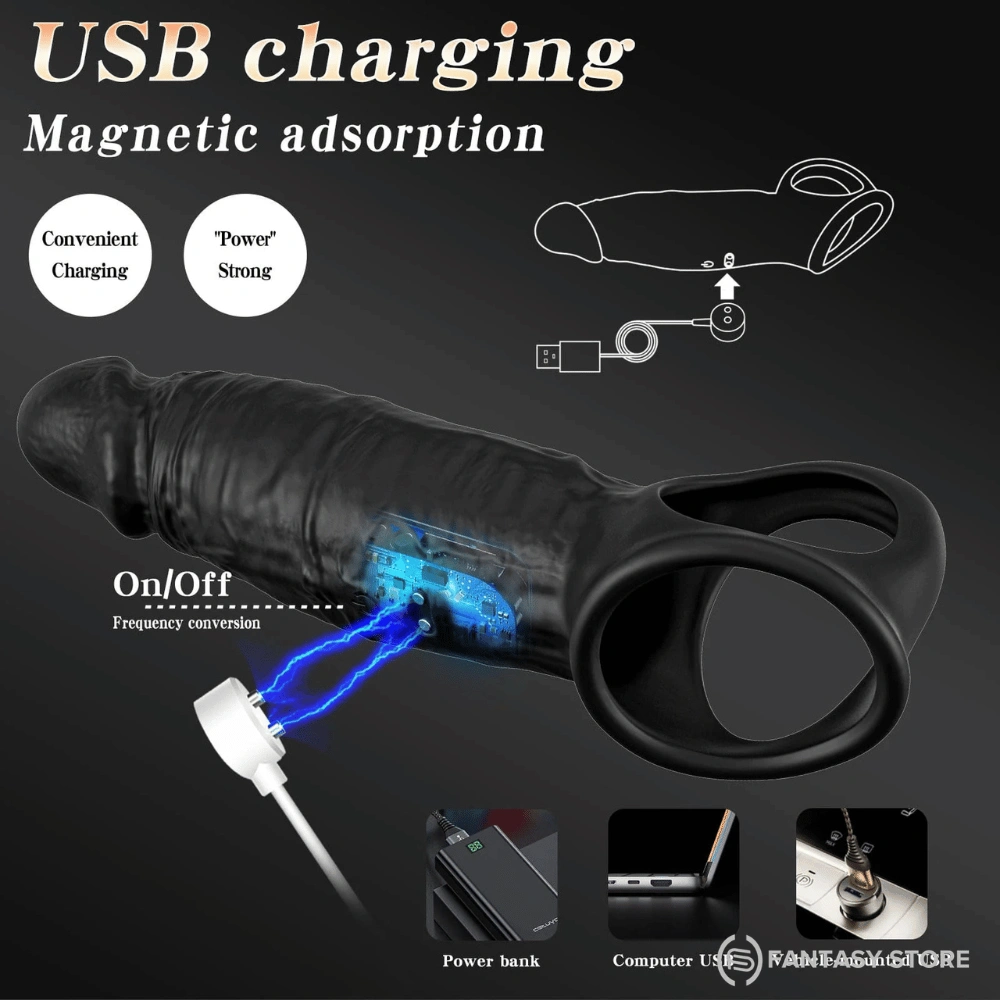 USB rechargeable NeoFlex vibrating penis sleeve with magnetic charging connection.