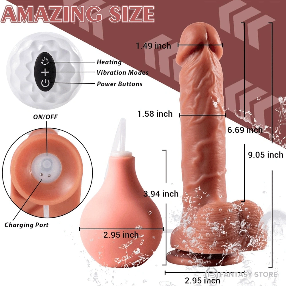 Size dimensions of realistic heating vibrating squirting dildo with suction cup and water pump.