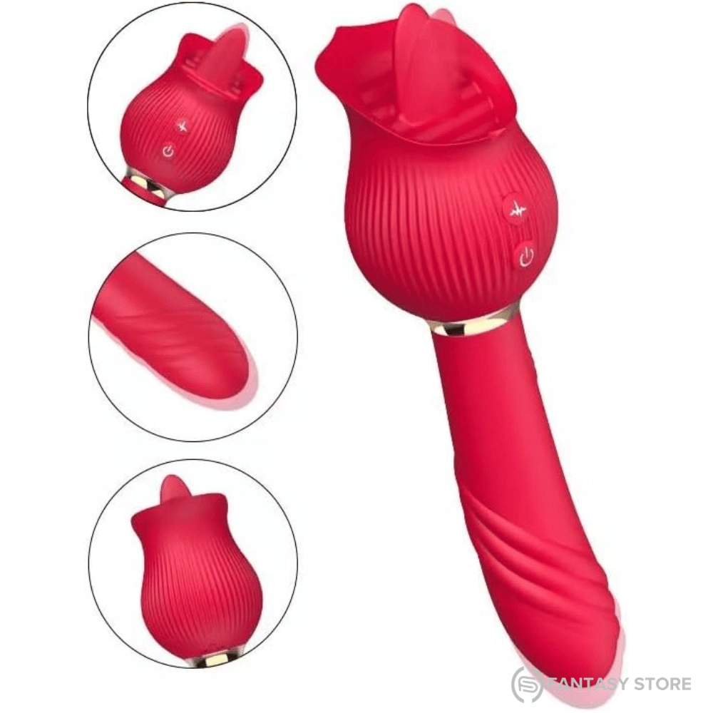 rosebloom-clitoral-licking-g-spot-vibrator-closeup.webp RoseBloom dual stimulation vibrator featuring flexible tongue licking head and curved G-spot shaft made from soft silicone for women.