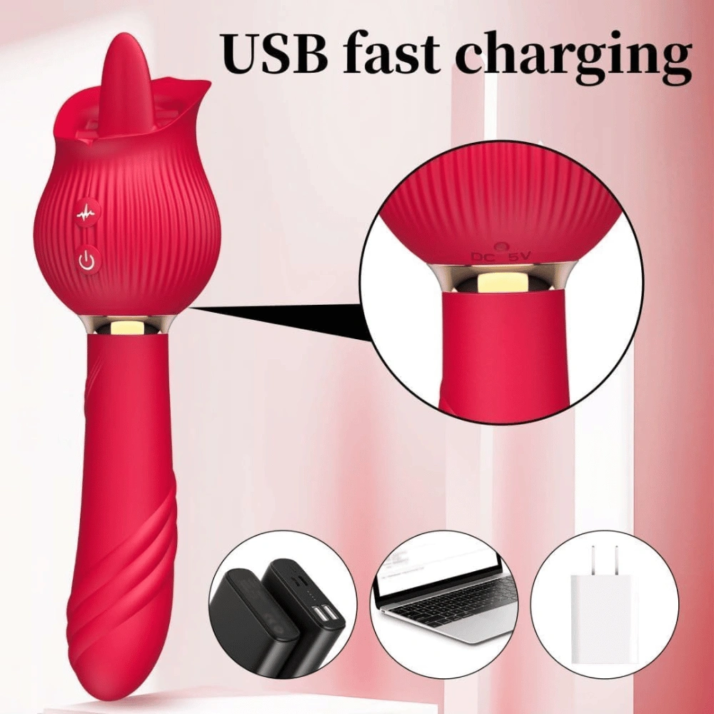 rosebloom-usb-rechargeable-dual-stimulation-vibrator-india.webp USB rechargeable RoseBloom Dual Stimulation Vibrator with magnetic charging, body-safe silicone and powerful tongue licking vibrator for women in India.