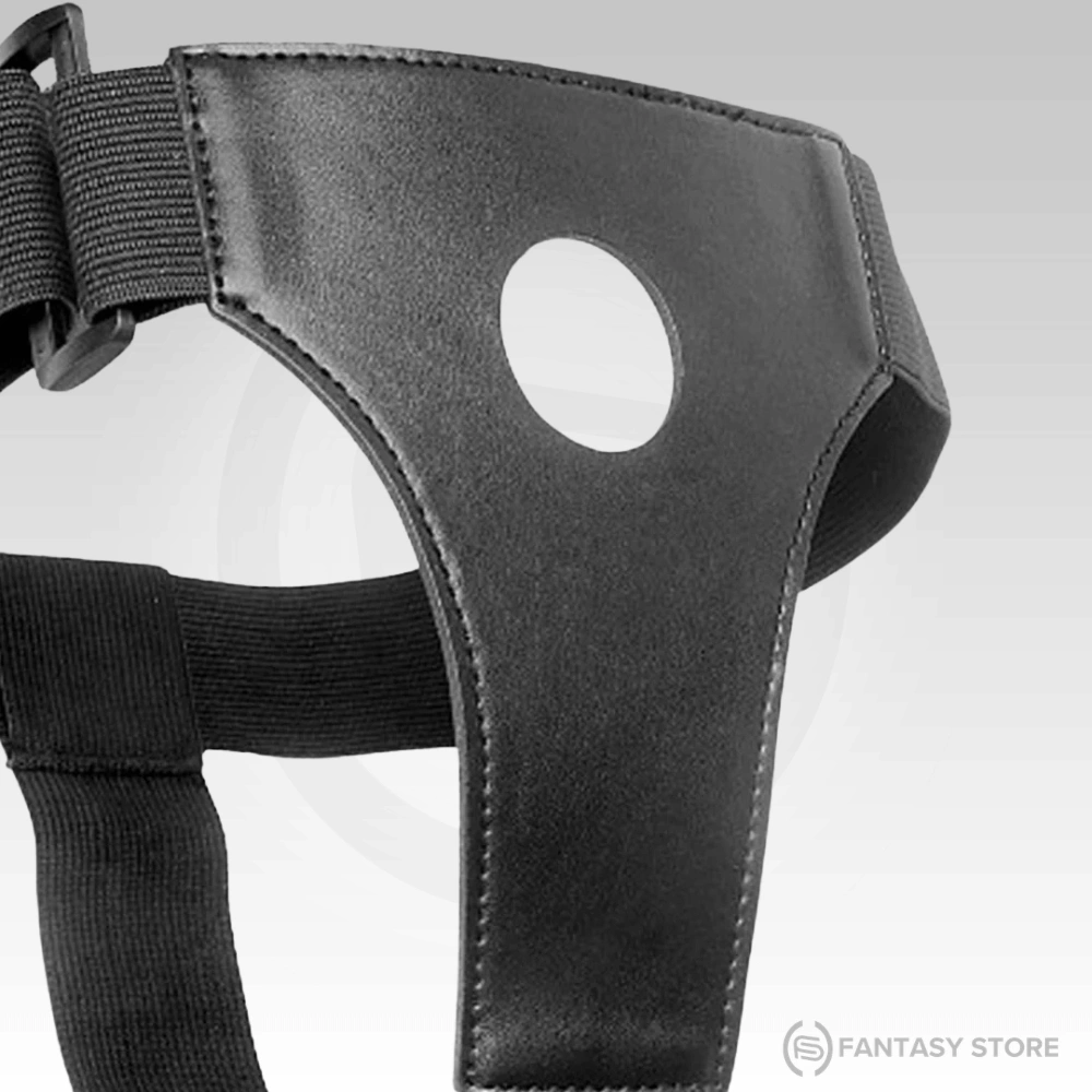 Reinforced O-ring opening on StrapEase Adjustable Strap-On Harness Belt for compatible attachments.